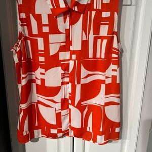 CAbi Geometric orange and White Sleeveless Shirt 1/2 zip front. Worn once.